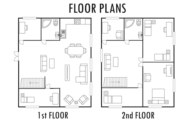 家具付き建築計画 家 1 階と 2 階の平面図分離ベクトル図