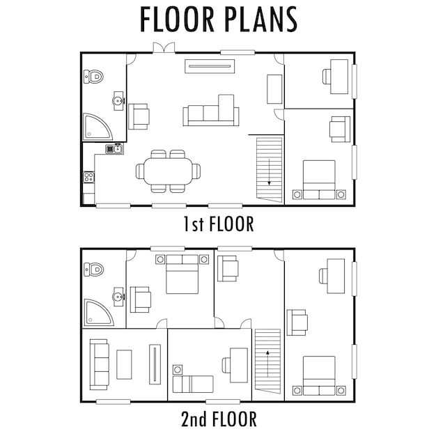 Piano di architettura con mobili casa pianta del primo e del secondo piano isolata su vettore bianco