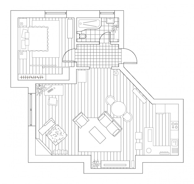 Architecture Plan With Furniture In Top View. Coloring Book.