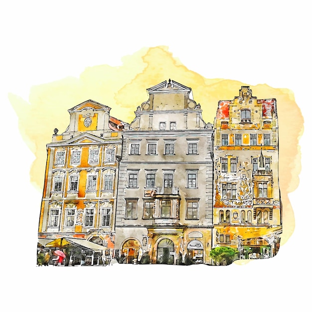 Architecture prague czech republic watercolor hand drawn illustration isolated on white background