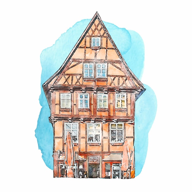 Architettura quedlinburg germania acquerello disegnato a mano illustrazione isolato su sfondo bianco