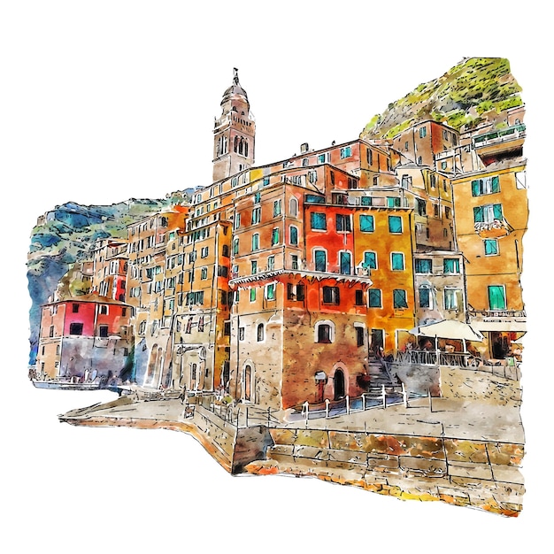 Architecture vernazza italy watercolor hand drawn illustration isolated on white background