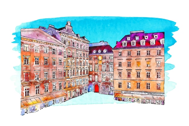 Illustrazione disegnata a mano dell'acquerello di vienna austria di architettura isolata su fondo bianco