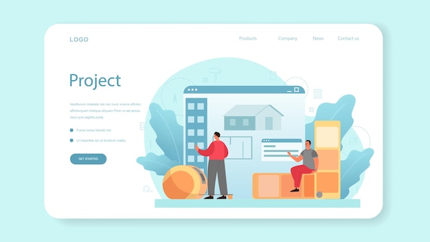 Architecture web template or landing page. idea of building project and construction work. scheme of house, engineer industry. construction company business.