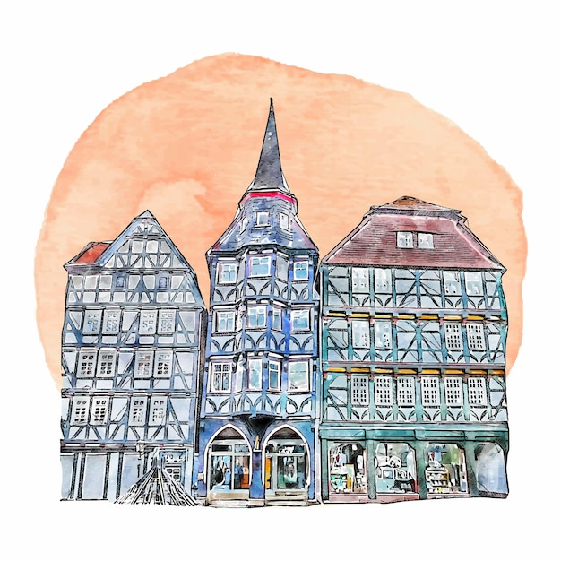 Architectuur fritzlar duitsland aquarel hand getekende illustratie geïsoleerd op een witte achtergrond