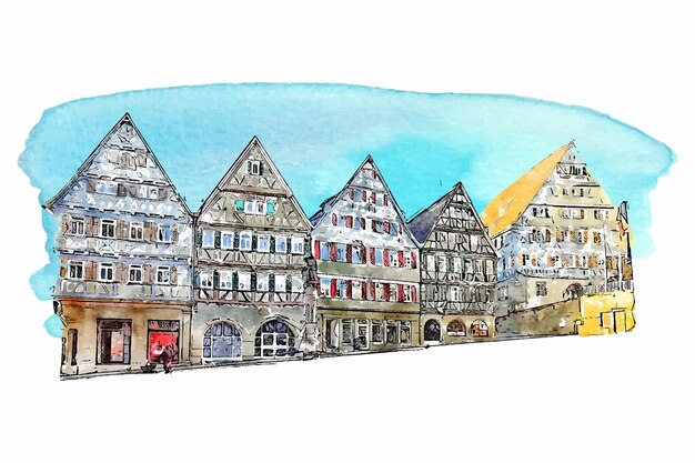 Architectuur herrenberg duitsland aquarel hand getekende illustratie geïsoleerd op een witte achtergrond