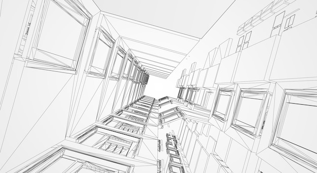 Architectuur lijn achtergrond. Bouw constructie schets vector abstract. Moderne stad 3D-project. Technologie geometrische raster. Draad blauwdruk huis. Digitale architect innovatie draadframe.
