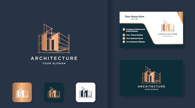 Architectuur logo constructie tekenen schets met lijn concept en opstaan visitekaartje