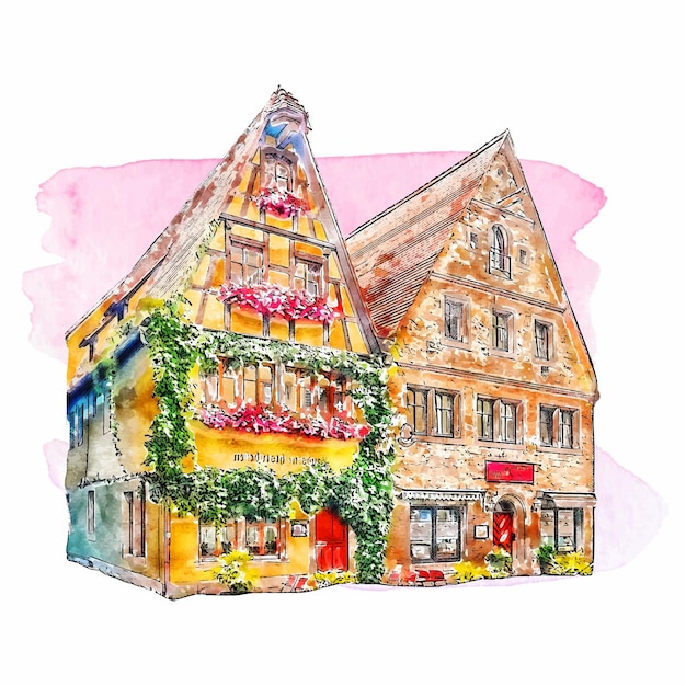 Architectuur rothenburg duitsland aquarel hand getekende illustratie geïsoleerde witte achtergrond