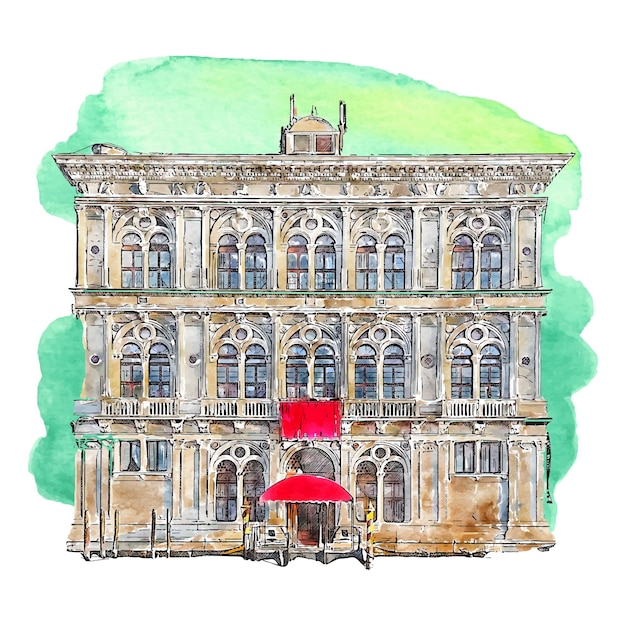 Architectuur Venetië Italië Aquarel Hand Getekende Illustratie Geïsoleerd Een Witte Achtergrond