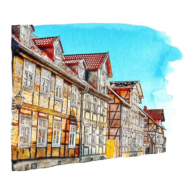 Architectuur wernigerode duitsland aquarel hand getekende illustratie geïsoleerd op een witte achtergrond