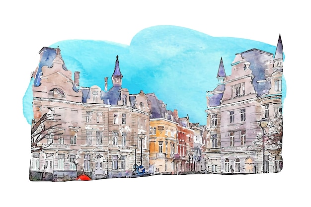 Architectuur zurenborg belgië aquarel hand getekende illustratie geïsoleerd op witte achtergrond