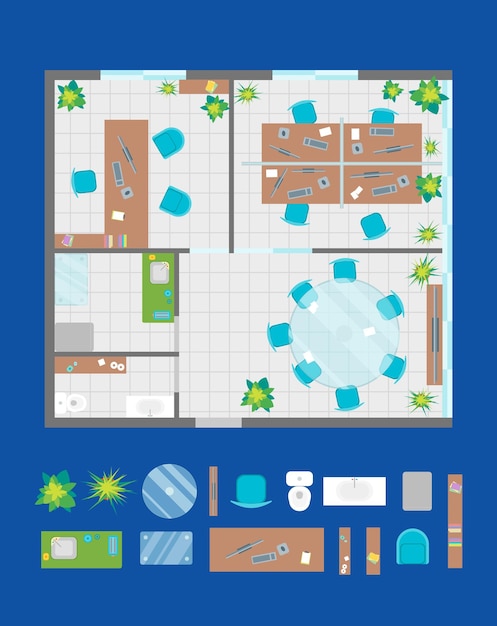 Architectuurkantoorplan met meubilair en deels bovenaanzicht Vector