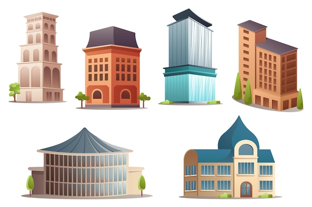 Vector architectuurset dit is een platte ontwerpset in cartoonstijl van verschillende architecturale gebouwen