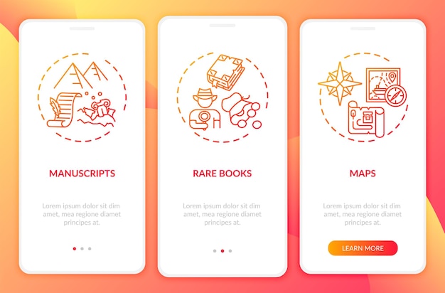 개념이있는 컬렉션 온 보딩 모바일 앱 페이지 화면을 보관합니다. 희귀 도서, 원고 및지도를 3 단계로 안내합니다. Rgb 색상 일러스트레이션이있는 Ui 템플릿