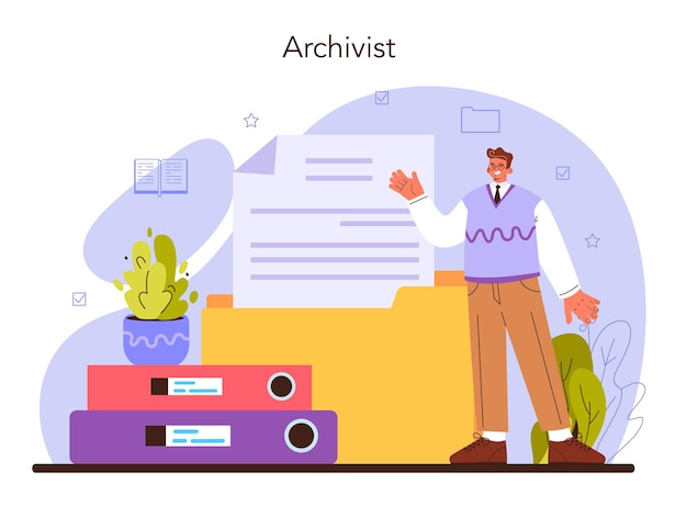 Archivist concept. Archive administrator managing and maintaining documents and other materials in company, museum or library. Information organizing. Flat vector illustration