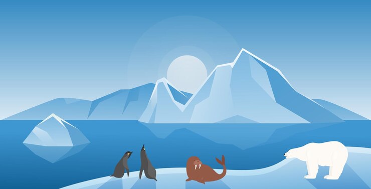 Vector 北極と南極の冬の風景 ペングウィンとオオカミ