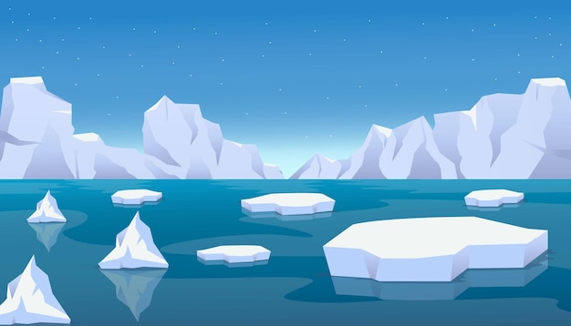 Vettore paesaggio di ghiaccio artico con iceberg rotti e ghiaccio galleggiante sull'effetto del riscaldamento globale del mare