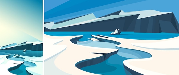 Vector arctic landscape with frozen water. natural scenery in vertical and horizontal orientation.