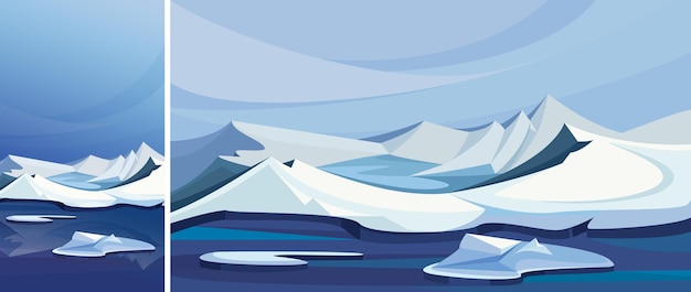 Vettore paesaggio artico con montagne di ghiaccio. scenario naturale in orientamento verticale e orizzontale.