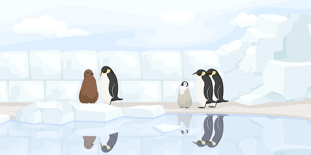 Арктический пингвин стоит возле ледяной стены в зоопарке Северные каникулы Природная дикая природа Мультяшный дизайн Милый детский персонаж Зимний пейзаж Дикая полярная земля с айсбергом Векторная иллюстрация