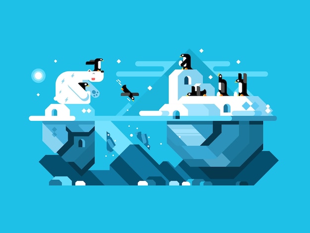 Arctic polar bear with penguins