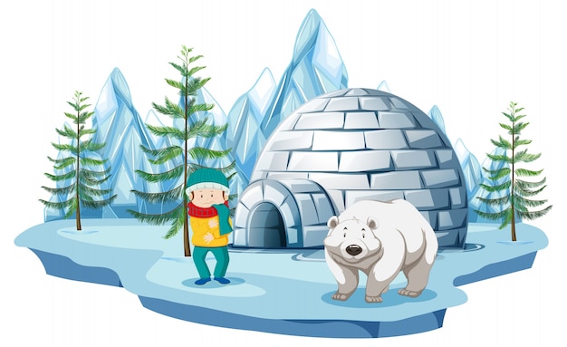 Scena artica con ragazzo e orso polare dall'igloo