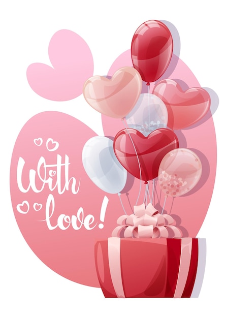 Ard design for valentine s day and mother s day poster banner with balloons and gift box background with flying helium balloons in the shape of hearts