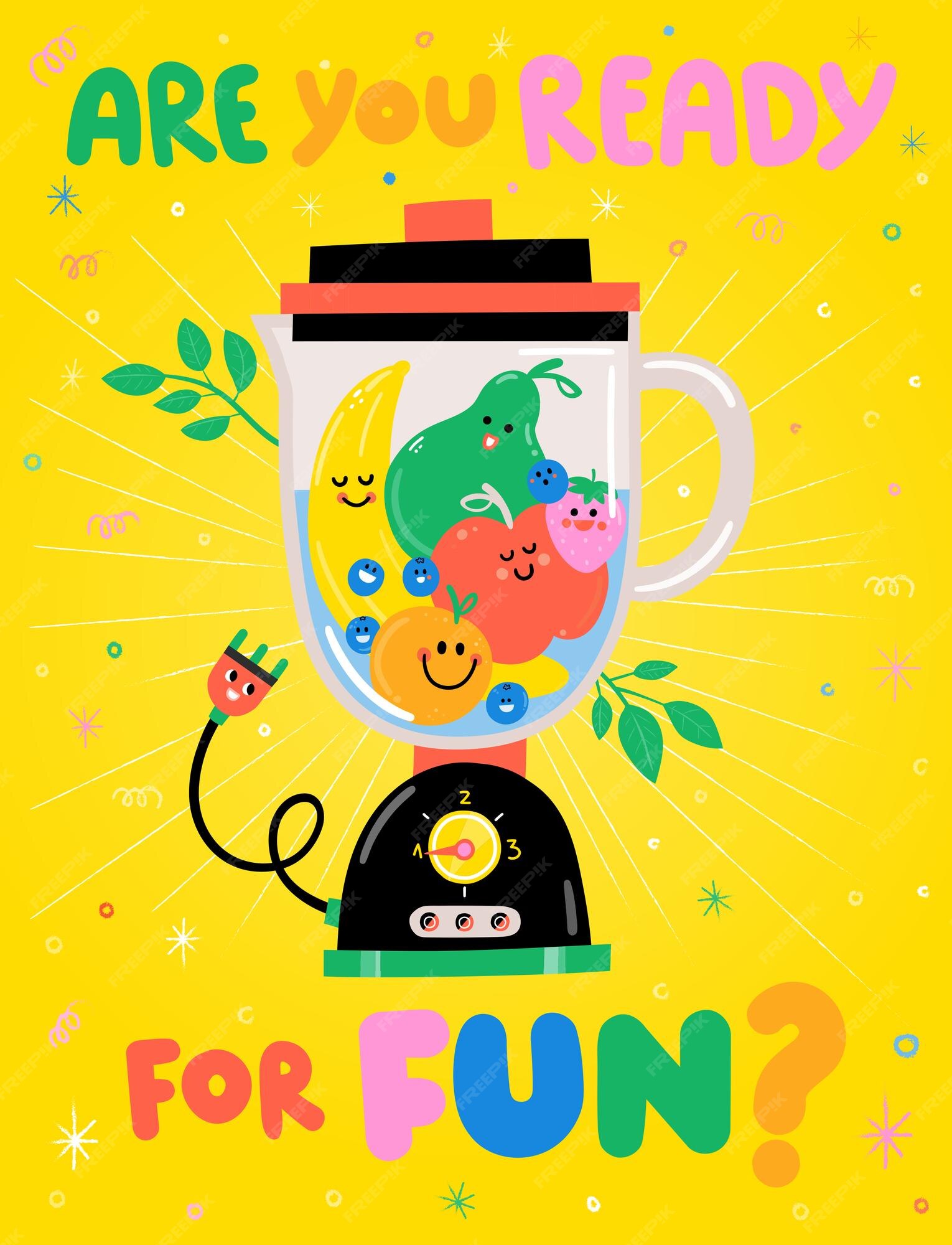 Premium Vector | Are you ready for fun funny kids poster different fruits  inside a mixer cutie frutti collection