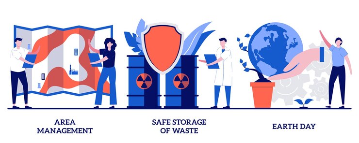 Vector area management, safe storage of waste, earth day concept with tiny people. planet ecology defence ways, environment pollution prevention, nature care abstract vector illustration set.