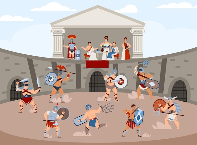 Vector arena of ancient roman colosseum with gladiatorial battles cartoon flat vector