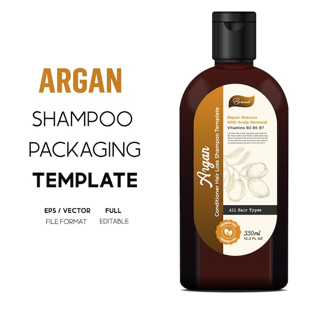 Vettore modello di progettazione dell'imballaggio di shampoo all'argan per la cura dei capelli e vettore di bottiglia di shampoo