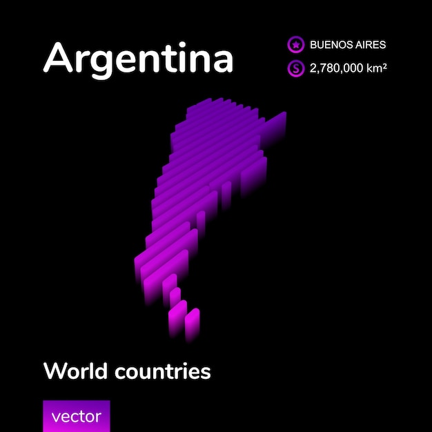 Argentina 3D map Stylized striped digital neon isometric vector Map is in violet colors on black background