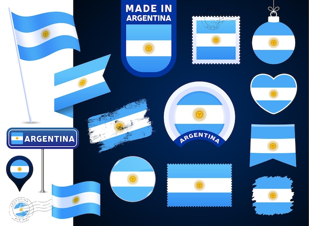 Accumulazione di vettore della bandiera dell'argentina. grande set di elementi di design della bandiera nazionale in diverse forme per le festività pubbliche e nazionali in stile piatto. timbro postale, fatto in, amore, cerchio, segnale stradale, onda