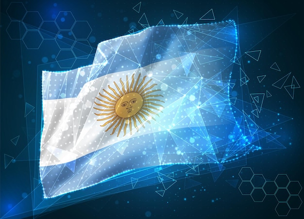 Аргентина, векторный флаг, виртуальный абстрактный 3d-объект из треугольных многоугольников на синем фоне