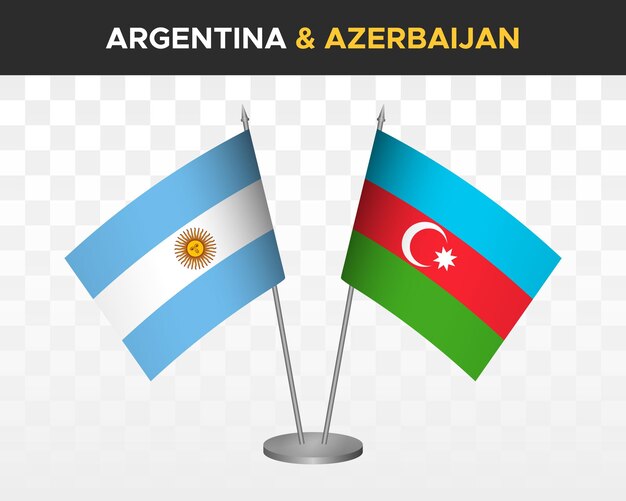 Bandiere da scrivania argentina vs azerbaigian mockup isolate bandiere da tavolo con illustrazione vettoriale 3d