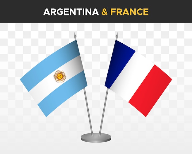アルゼンチン対フランスのデスクフラグモックアップ分離3dベクトルイラストテーブルフラグ