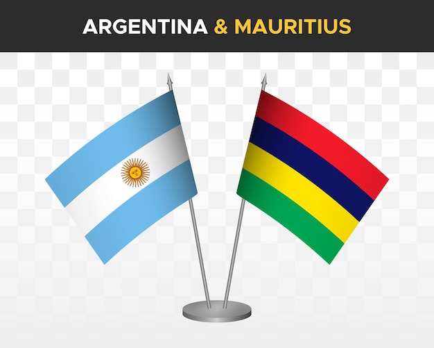 Argentina vs Mauritius desk flags mockup isolated 3d vector illustration table flags