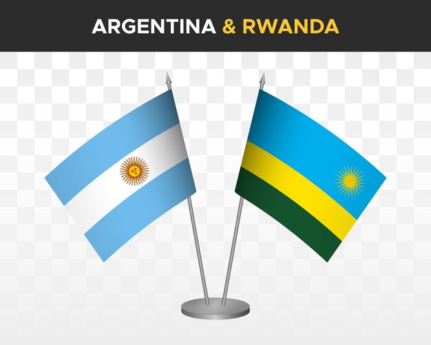 Argentina vs Rwanda desk flags mockup isolated 3d vector illustration table flags