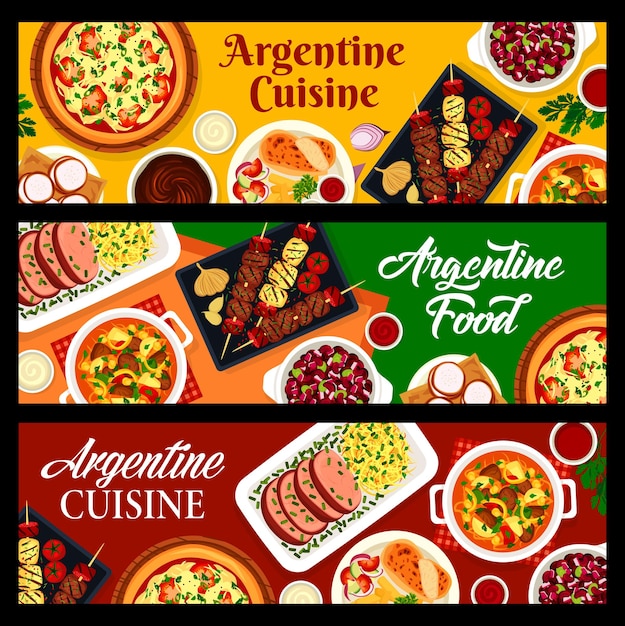 Vector argentine cuisine banners. bbq meat and sausages asado, turkey milanesa and lama steak, bean stew locro, onion pizza fugazza and dulce de leche, cookie alfajores, meat stew guiso