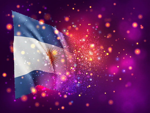 Argentinië, 3D-vlag op roze paarse achtergrond met verlichting en fakkels