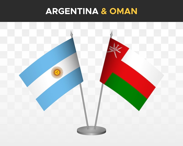 Argentinië vs Oman bureau vlaggen mockup geïsoleerde 3d vector illustratie tafelvlaggen