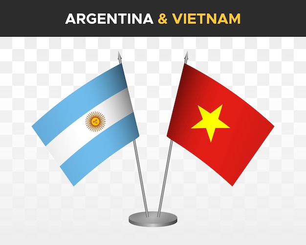 Argentinië vs Vietnam bureauvlaggen mockup geïsoleerde 3d vector illustratie tafelvlaggen