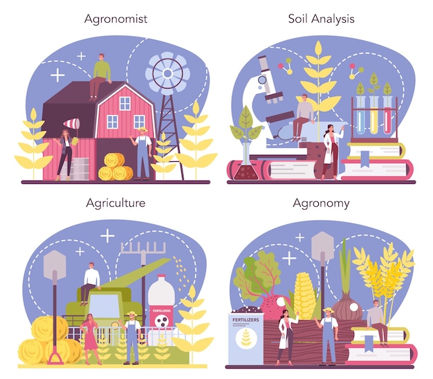 Argonomist concept set. Scientist making research in agriculture. Idea of farming and cultivation. Organic harvest selection. Isolated vector illustration