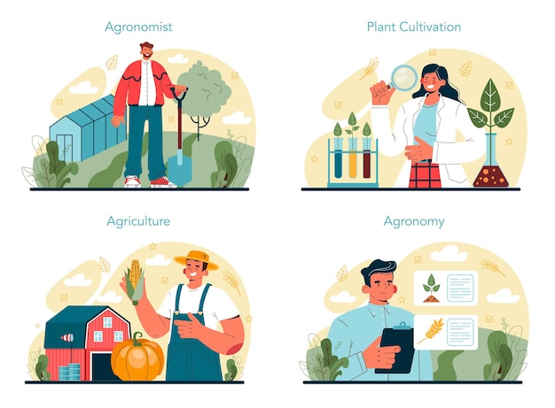 Argonomist concept set. Scientist making research in agriculture. Idea of farming and cultivation. Organic harvest selection. Isolated vector illustration