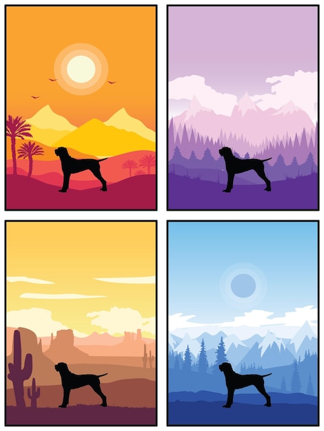 Vector ariege pointer dog breed silhouette sunset forest nature background 4 posters stickers cards