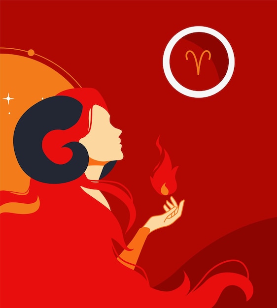 Vector aries astrological sign illustration with woman silhouette and fire element