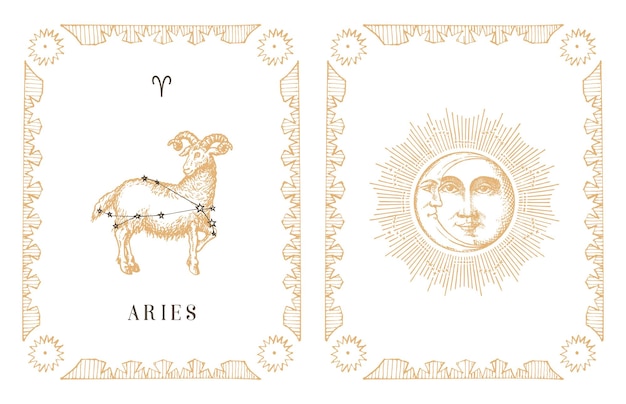 Aries zodiac symbol and constellation old card