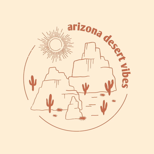 Vettore deserto dell'arizona con la montagna. design grafico con stampa vintage per t-shirt, abbigliamento, adesivo, logo, card