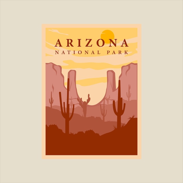 Arizona national park minimalist vintage poster illustration template graphic design mountains cactus desert at landscape view for business travel